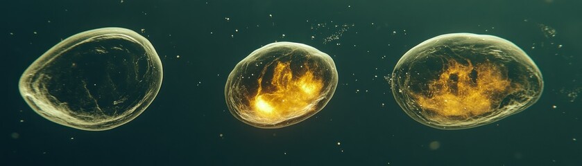 Poster - Glowing cellular structures showing internal processes in three distinct stages