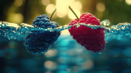Poster - Two Fresh Berries Partially Submerged Within Clear Water