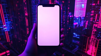 Poster - A hand holds a glowing phone over futuristic cityscape background