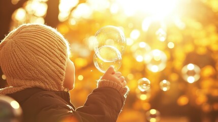 Poster - A child wearing a hat blowing soap bubbles in sunlight