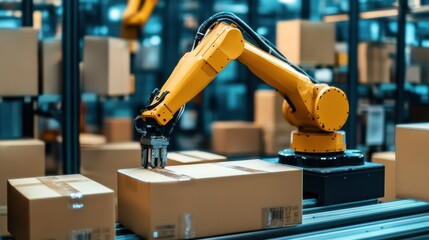 Poster - A Robotic Arm Carefully Moving Cardboard Boxes In A Warehouse