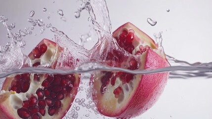 Poster - Pomegranate segments splash into clear water creating liquid motion