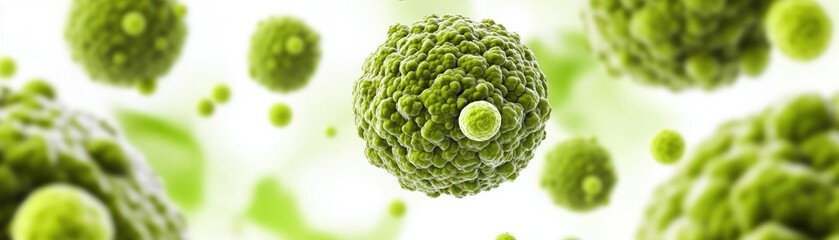 Poster - Microscopic illustration shows several abstract green spheres floating around