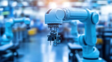 Poster - Modern industrial robot arms working in a large manufacturing environment