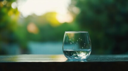 Poster - A glass of water sits on a table outdoors in sunlight