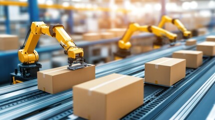 Poster - Yellow robotic arms are assembling boxes on an automated conveyor belt