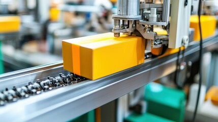 Poster - An automated production line processing a yellow rectangular package