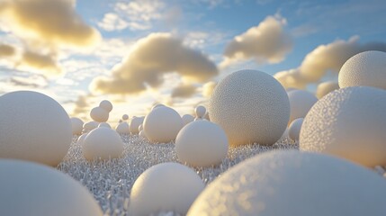 Poster - Many white spheres are scattered on a grassy field beneath clouds