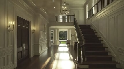 Poster - An elegant interior entrance hall with staircase and natural light