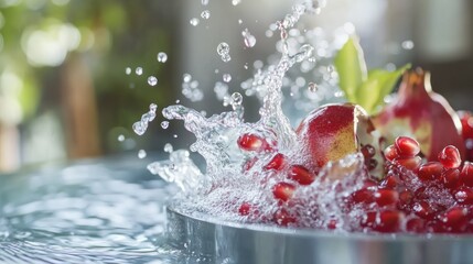 Poster - Water splashes onto vibrant red pomegranates and seeds in bowl