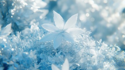 Poster - A single white flower blooms among a cluster of leaves in blue