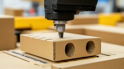 Poster - A precise machine is cutting a cardboard packaging material