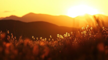 Poster - Golden Sunset Over Mountain Range Illuminates Grassy Field Beautifully