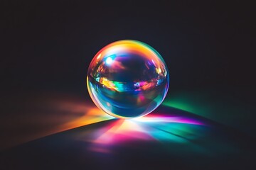 Aufkleber - Iridescent glass sphere reflecting colorful light on dark background.