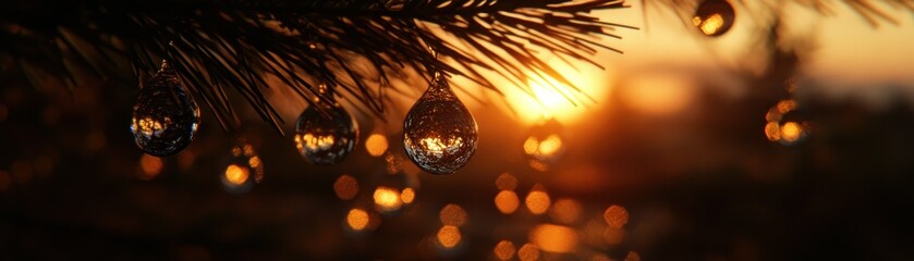 Aufkleber - Sparkling ornaments hang from a pine branch in the warm sunlight