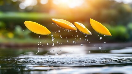 Poster - Sliced mangoes and water droplets appear to be in motion