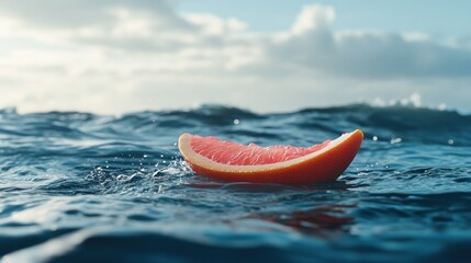 Poster - A fresh juicy grapefruit wedge floats peacefully on the ocean water