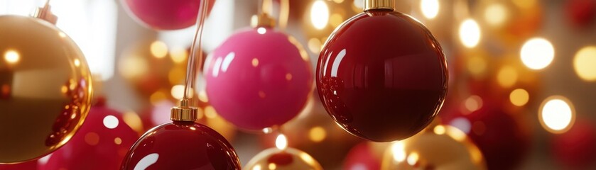 Poster - Hanging festive ornaments in gold red and pink in a holiday scene