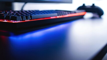 Poster - A modern gaming keyboard with illuminated keys on a desk