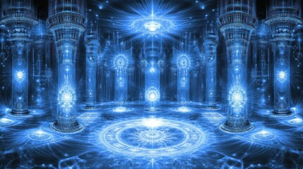 Aufkleber - A futuristic hall illuminated with blue glowing columns and patterns