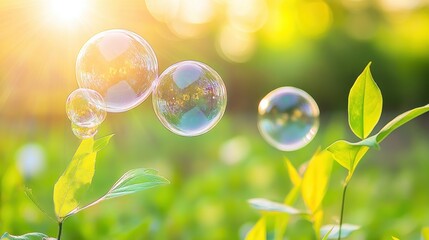 Poster - Several Soap Bubbles Floating Above Small Green Plant Leaves