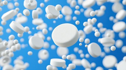 Poster - Floating white tablets and small spheres against a blue background