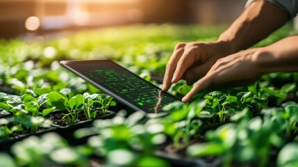 Poster - A person uses a tablet in a field of small plants