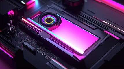 Aufkleber - Futuristic Computer Components Arranged With Vivid Pink And Blue Lights