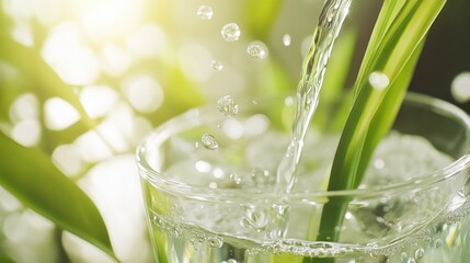 Poster - Clean water pouring into a glass with green foliage present