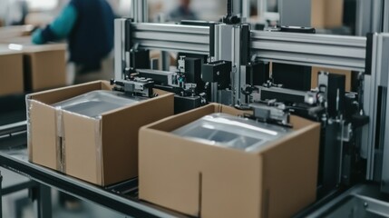 Poster - Boxes are being filled by a machine on a production line