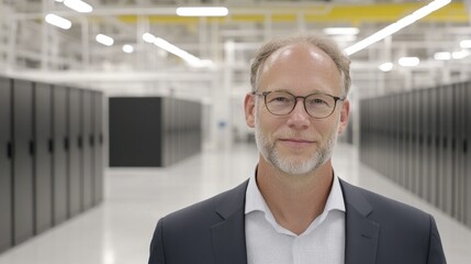 Aufkleber - A man wearing glasses poses in front of servers