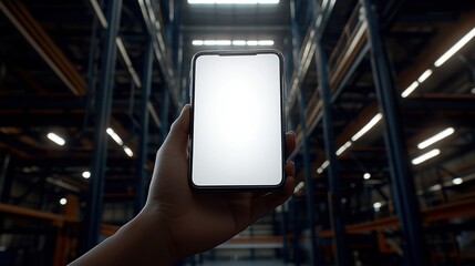 Poster - A hand holds a smartphone in a large warehouse facility