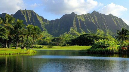 Poster - Lush green mountains and a calm lake under blue skies