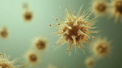 Poster - Several microscopic virus particles with spiky protrusions in an image