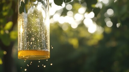 Poster - A glass jar with liquid hanging from a tree branch outdoors