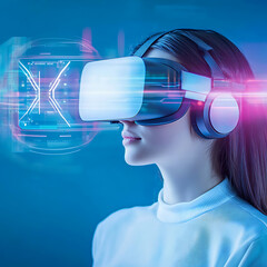 Poster - Virtual reality experience modern office digital technology futuristic environment close-up viewpoint immersive concept