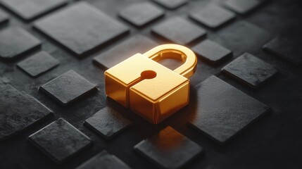 Poster - A golden padlock rests on a surface of dark square tiles