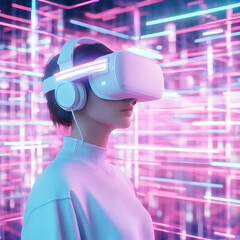 Poster - Experiencing virtual reality technology futuristic setting digital art immersive environment side view innovation concept