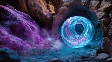 Poster - A glowing portal resides within a colorful rock formation cavern