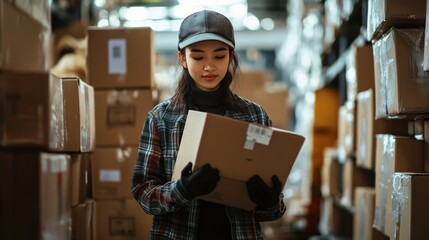Poster - A warehouse worker carefully examines a cardboard box in storage