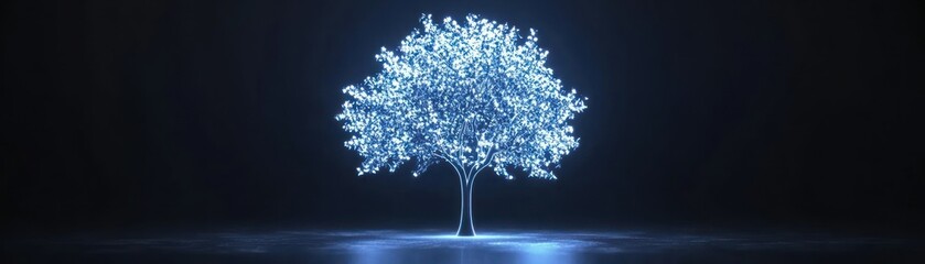 Poster - A glowing blue tree illuminated against a dark background in a room