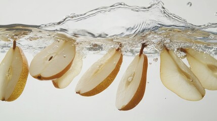 Poster - Sliced pears splashing into water creating dynamic visual effects now
