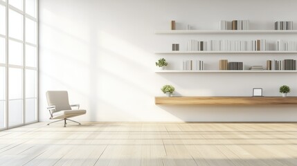 Poster - Modern interior with sunlight illuminating chair bookshelves and floor
