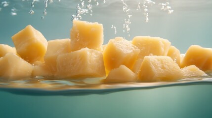 Poster - Cubed and submerged yellow food items immersed in water