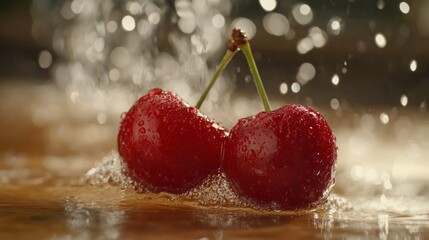 Poster - Two fresh red cherries with water droplets on a surface