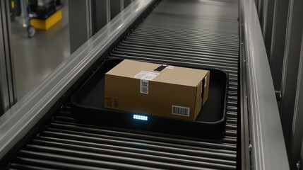 Poster - A cardboard box is traveling on a conveyor belt system