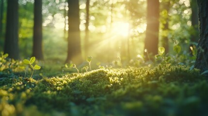 Poster - sunlight shines through trees and moss in a forest setting