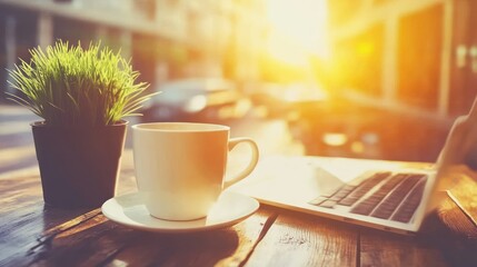 Poster - A sunny workspace arrangement with coffee and a potted plant