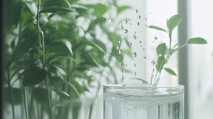 Poster - Water droplets falling into a glass beside a green leafy plant