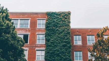 Poster - Brick Building With Green Plant Growth Covering a Pillar